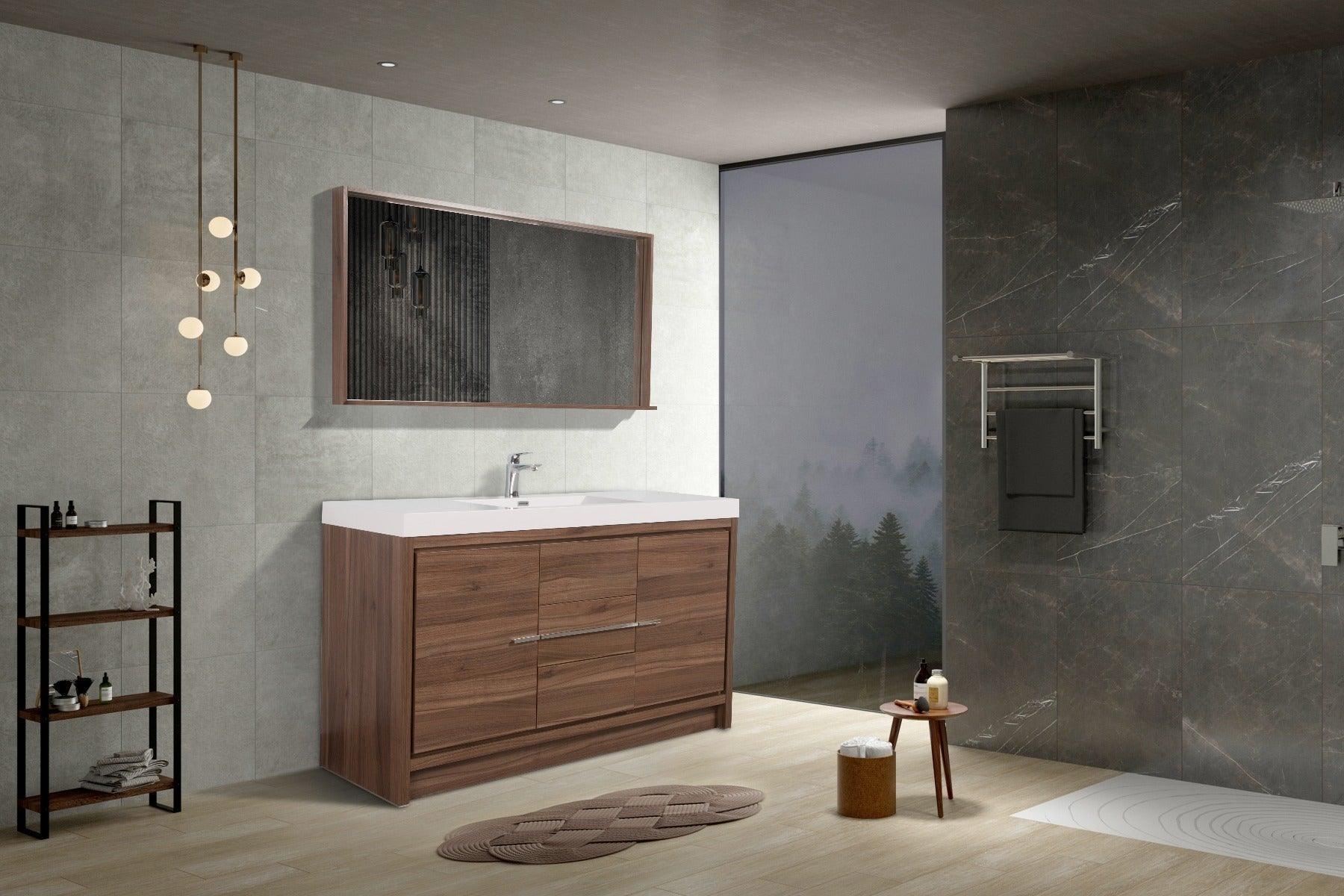 60" Walnut Freestanding Single Sink Bathroom Vanity with White Polymarble Countertop - Golden Elite Deco