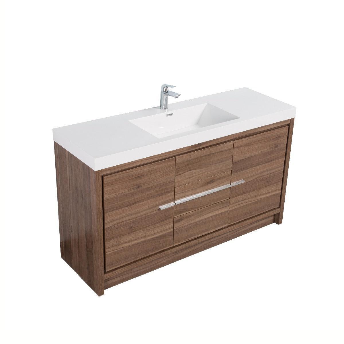 60" Walnut Freestanding Single Sink Bathroom Vanity with White Polymarble Countertop - Golden Elite Deco