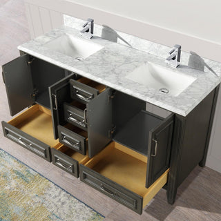 60" Grey Freestanding Double Sink Bathroom Vanity w/ Carrera Marble Countertop Amanda - Golden Elite Deco