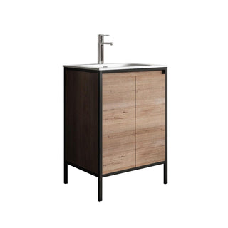 24" Rough Oak and Black Metal Frame Freestanding Single Sink Bathroom Vanity with White Ceramic Countertop - Golden Elite Deco