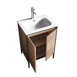 24" Rough Oak and Black Metal Frame Freestanding Single Sink Bathroom Vanity with White Ceramic Countertop - Golden Elite Deco