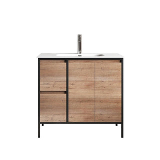 36" Rough Oak and Black Metal Frame Freestanding Single Sink Bathroom Vanity with White Ceramic Countertop - Golden Elite Deco