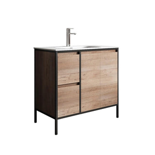 36" Rough Oak and Black Metal Frame Freestanding Single Sink Bathroom Vanity with White Ceramic Countertop - Golden Elite Deco