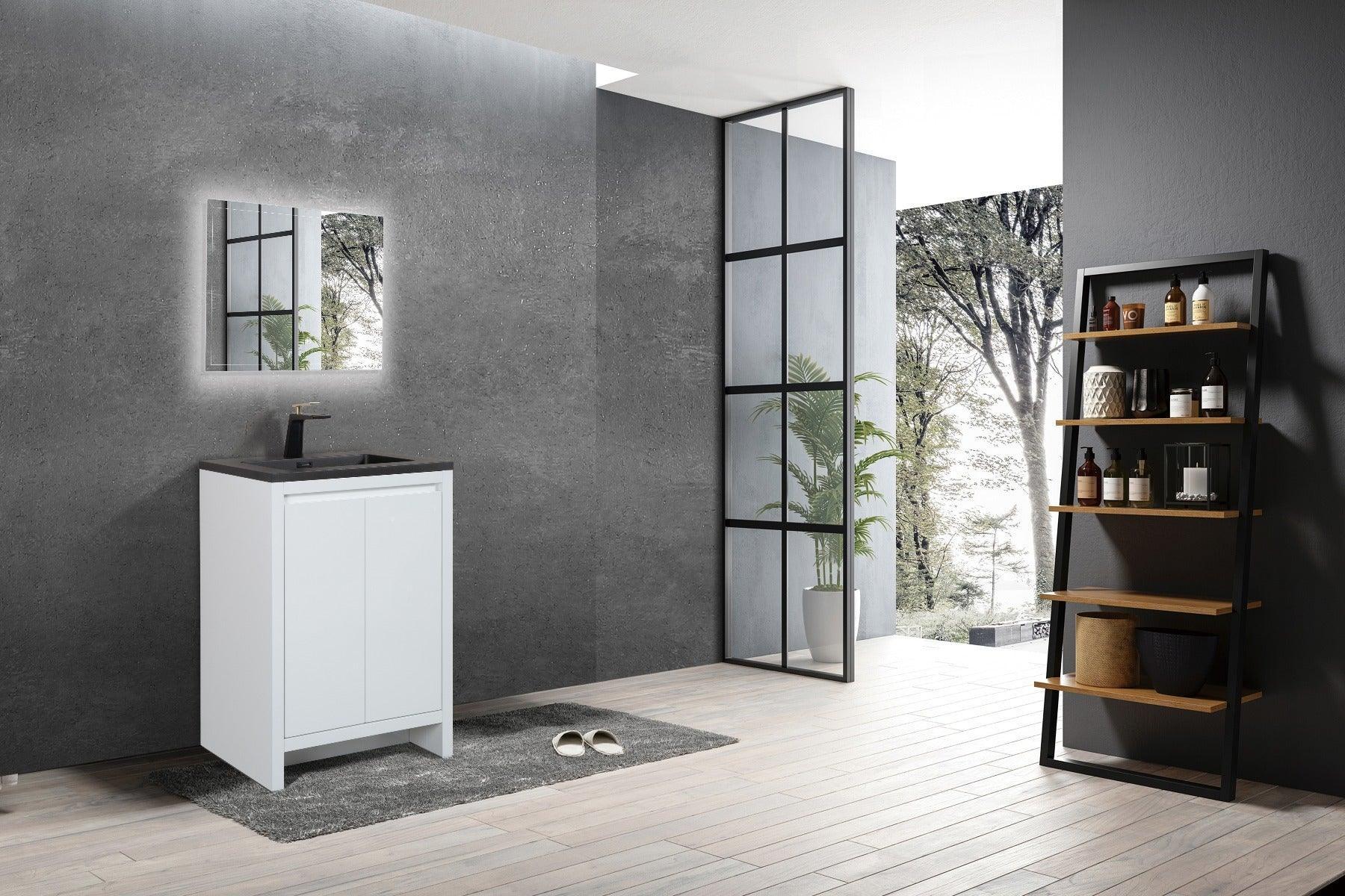 24" Glossy White Freestanding Bathroom Vanity with Black Engineered Quartz Countertop - Golden Elite Deco