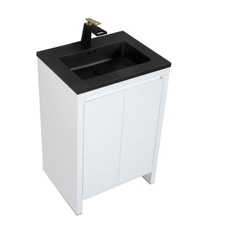 24" Glossy White Freestanding Bathroom Vanity with Black Engineered Quartz Countertop - Golden Elite Deco