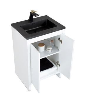 24" Glossy White Freestanding Bathroom Vanity with Black Engineered Quartz Countertop - Golden Elite Deco