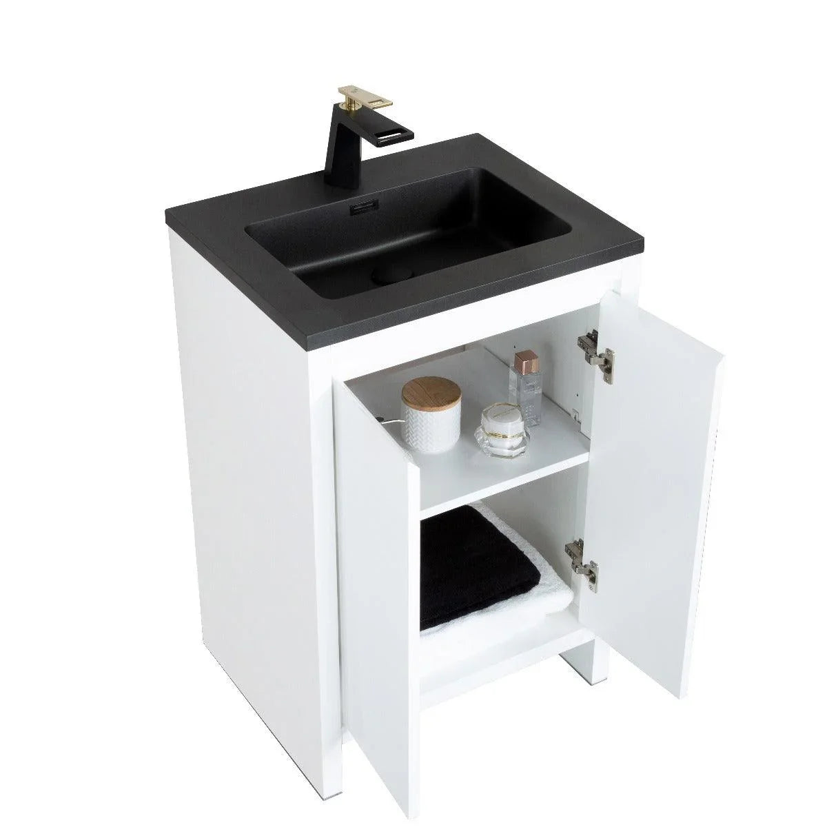 30" Glossy White Freestanding Bathroom Vanity with Black Engineered Quartz Countertop - Golden Elite Deco
