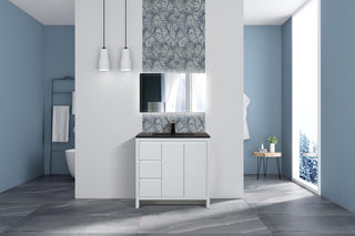 36" Glossy White Freestanding Bathroom Vanity with Black Engineered Quartz Countertop - Golden Elite Deco
