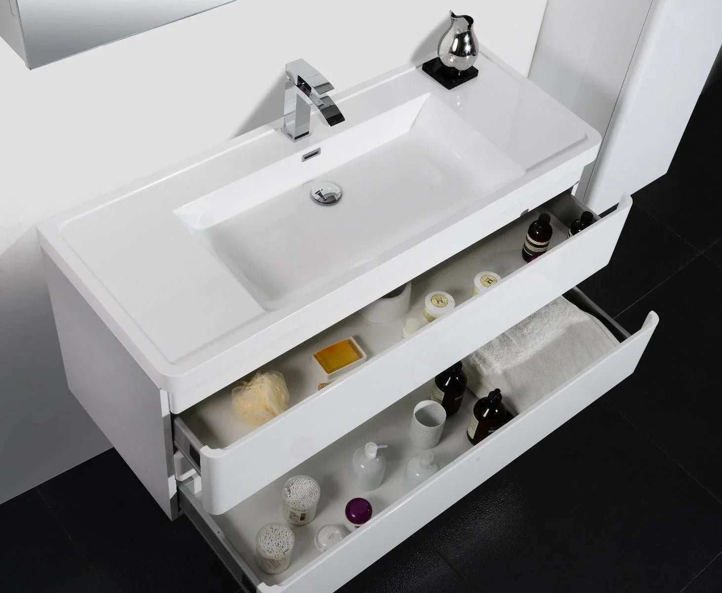 48" Glossy White Wall Mount Bathroom Vanity with White Polymarble Countertop - Golden Elite Deco