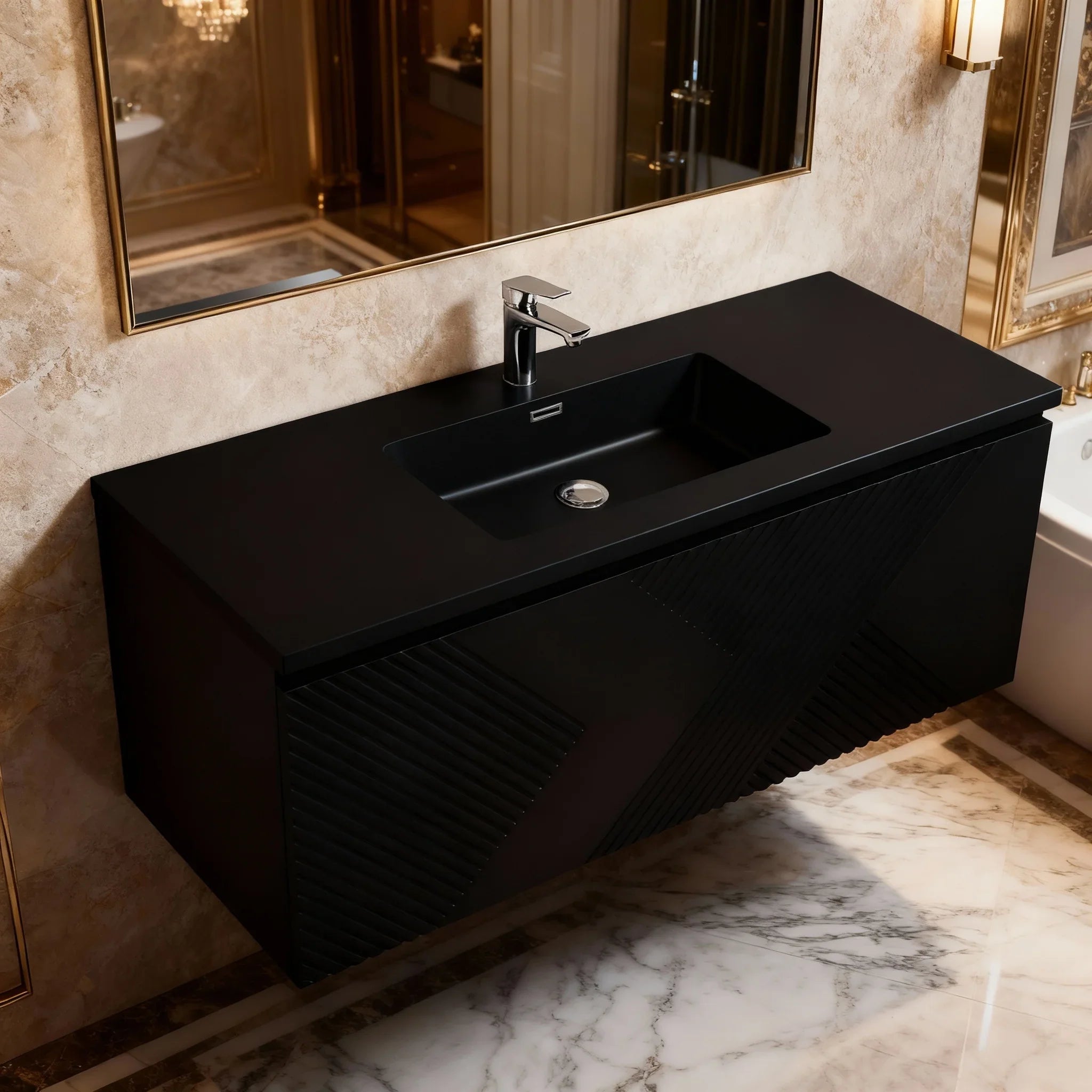Meuble-Lavabo Mural 48po Noir avec Comptoir de Quartz d'ingénierie Noir