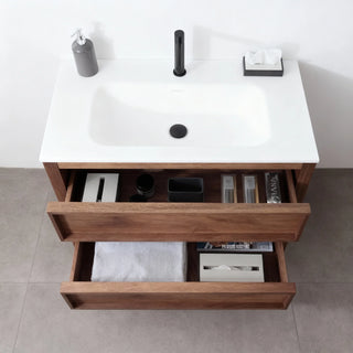36" Natural Walnut Freestanding Bathroom Vanity with White Solid Surface Countertop