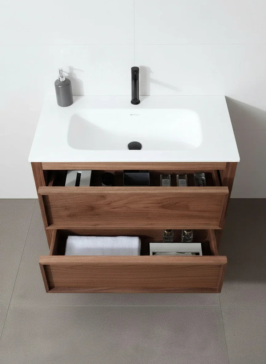 36" Natural Walnut Freestanding Bathroom Vanity with White Solid Surface Countertop