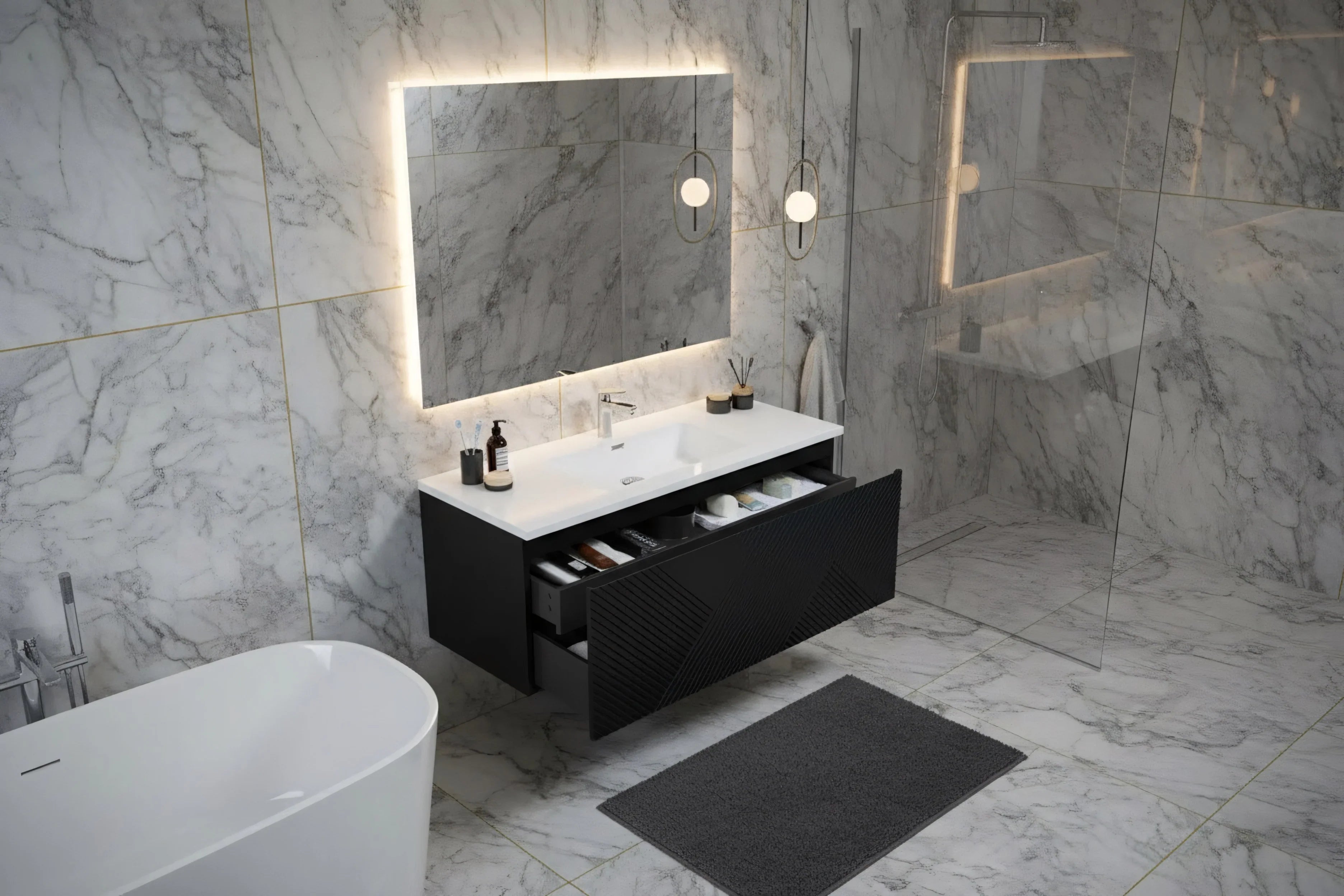 48" Black Wall Mount Bathroom Vanity with White Polymarble Countertop