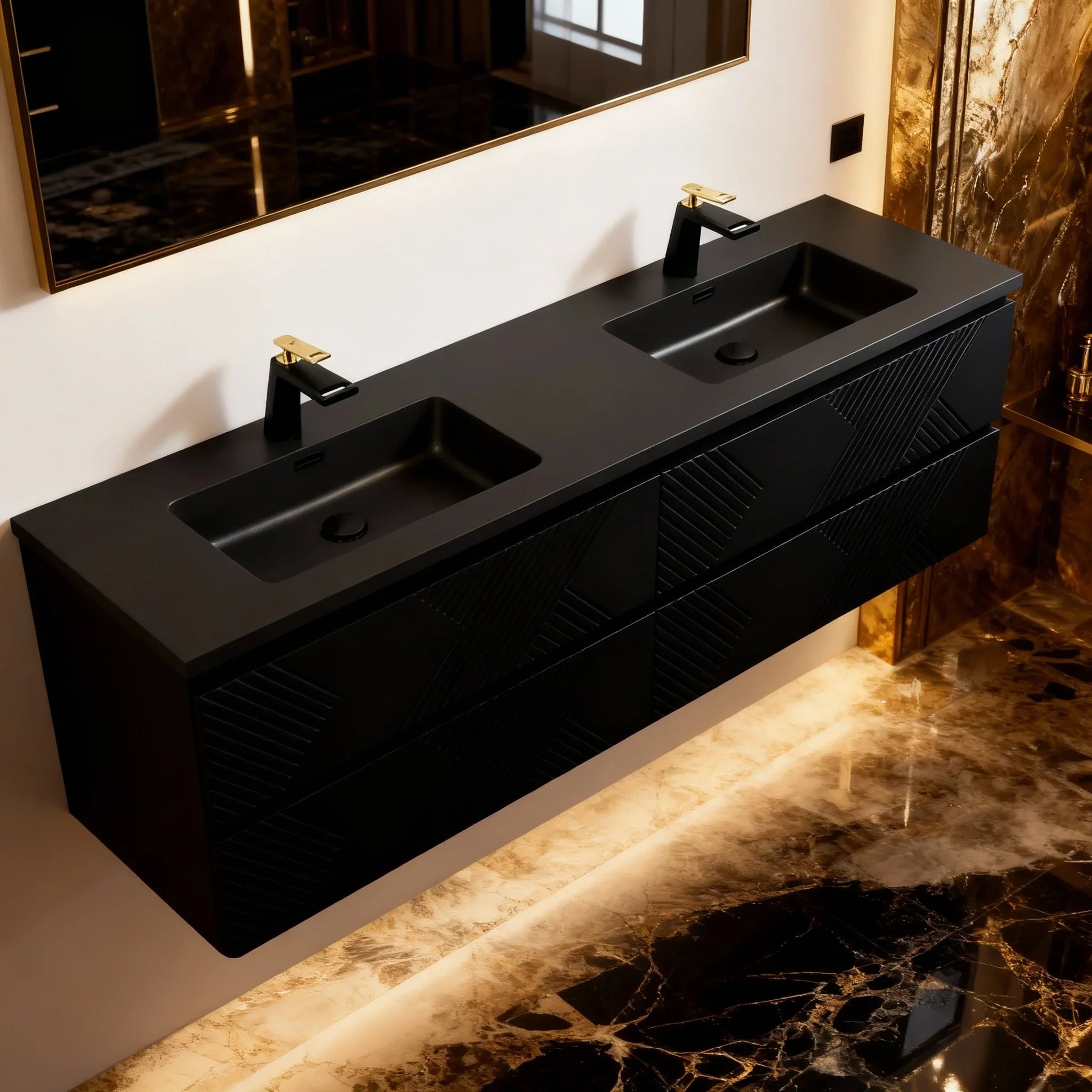 Meuble-Lavabo Double Mural 72po Noir avec Comptoir de Quartz d'ingénierie Noir