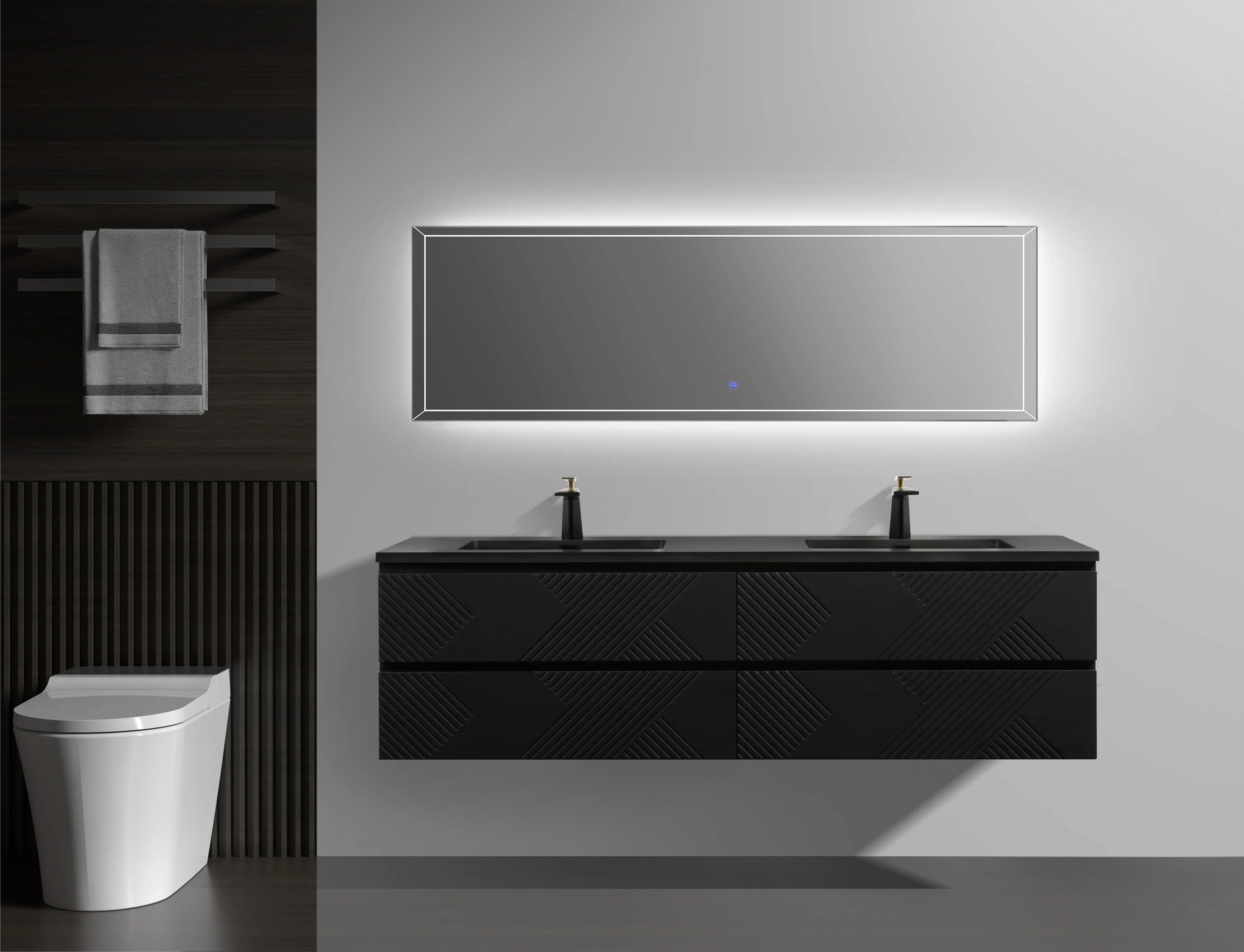 Meuble-Lavabo Double Mural 72po Noir avec Comptoir de Quartz d'ingénierie Noir