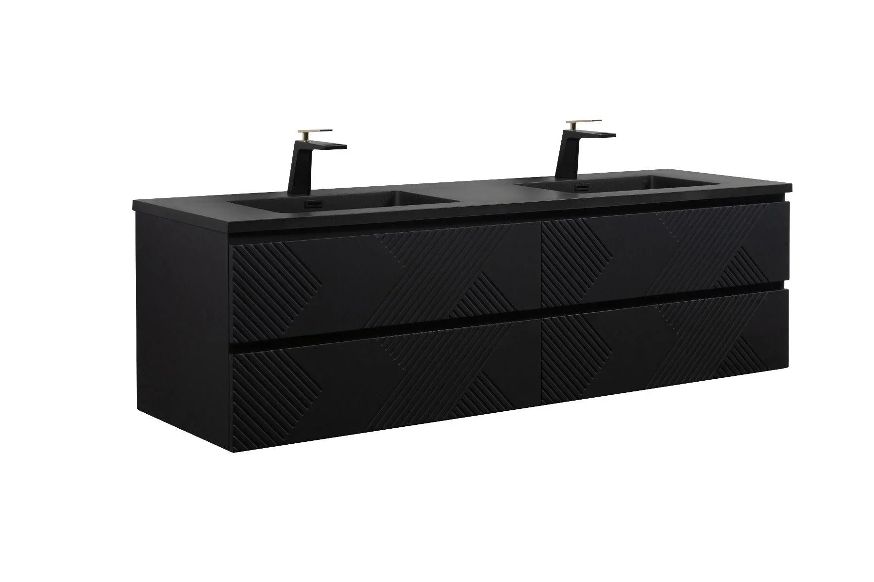 72" Black Wall Mount Double Sink Bathroom Vanity with Black Engineered Quartz Countertop - Golden Elite Deco