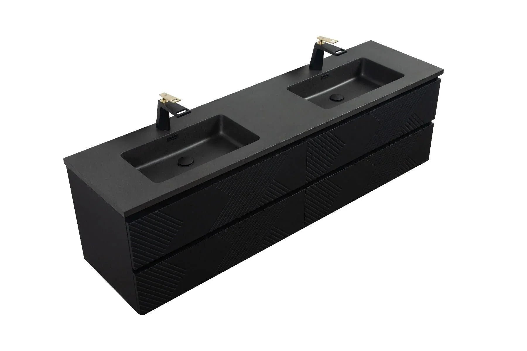 72" Black Wall Mount Double Sink Bathroom Vanity with Black Engineered Quartz Countertop - Golden Elite Deco