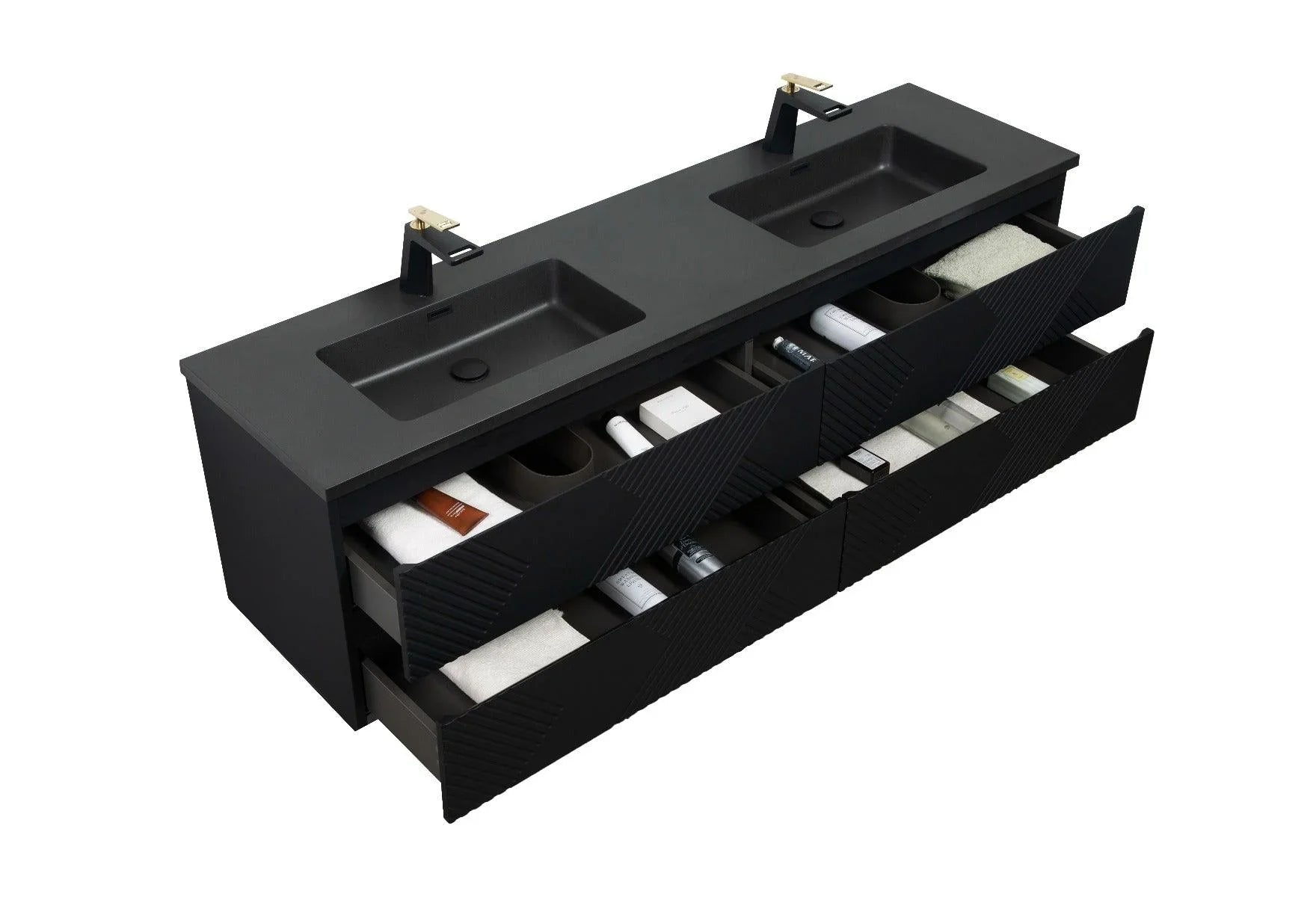 72" Black Wall Mount Double Sink Bathroom Vanity with Black Engineered Quartz Countertop - Golden Elite Deco