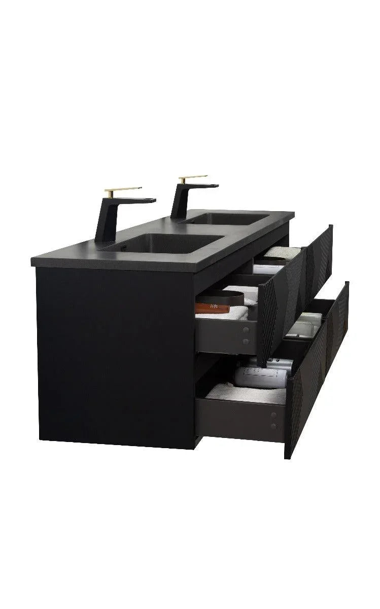 72" Black Wall Mount Double Sink Bathroom Vanity with Black Engineered Quartz Countertop - Golden Elite Deco