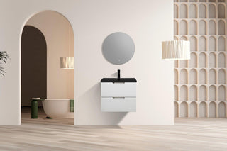 30" Glossy White Wall Mount Bathroom Vanity with Black Engineered Quartz Countertop - Golden Elite Deco