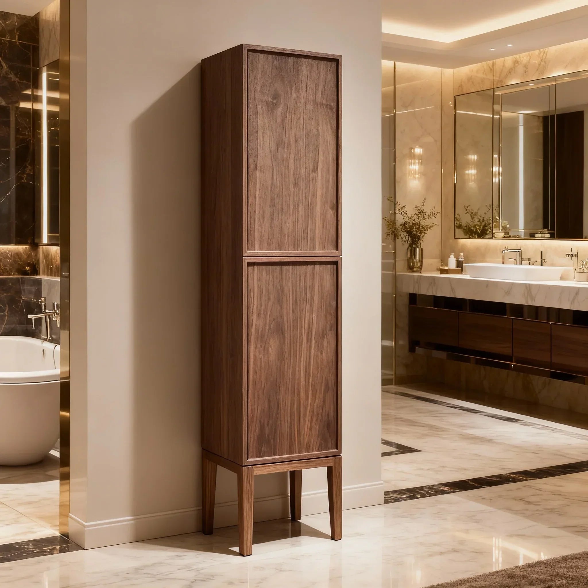 Armoire à linge de salle de bain sur pied - Noyer naturel - Réversible