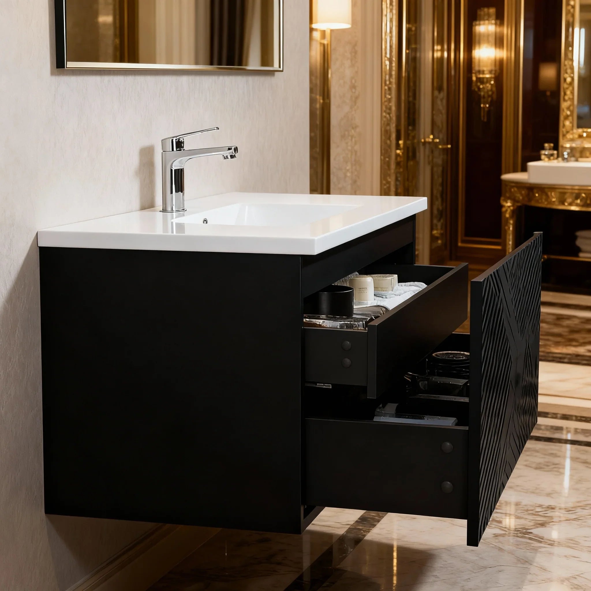 48" Black Wall Mount Bathroom Vanity with White Polymarble Countertop