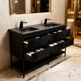 Meuble-Lavabo Double Mural 72po Noir avec Comptoir de Quartz d'ingénierie Noir