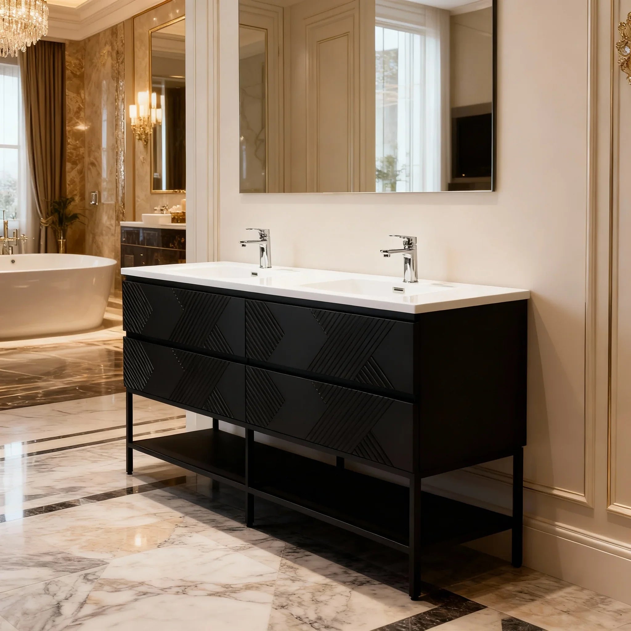 Meuble-lavabo double noir de 72" à fixer au mur avec Comptoir en polymarbre blanc