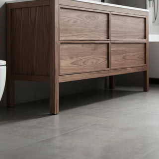 60" Natural Walnut Freestanding Double Sink Bathroom Vanity with White Solid Surface Countertop