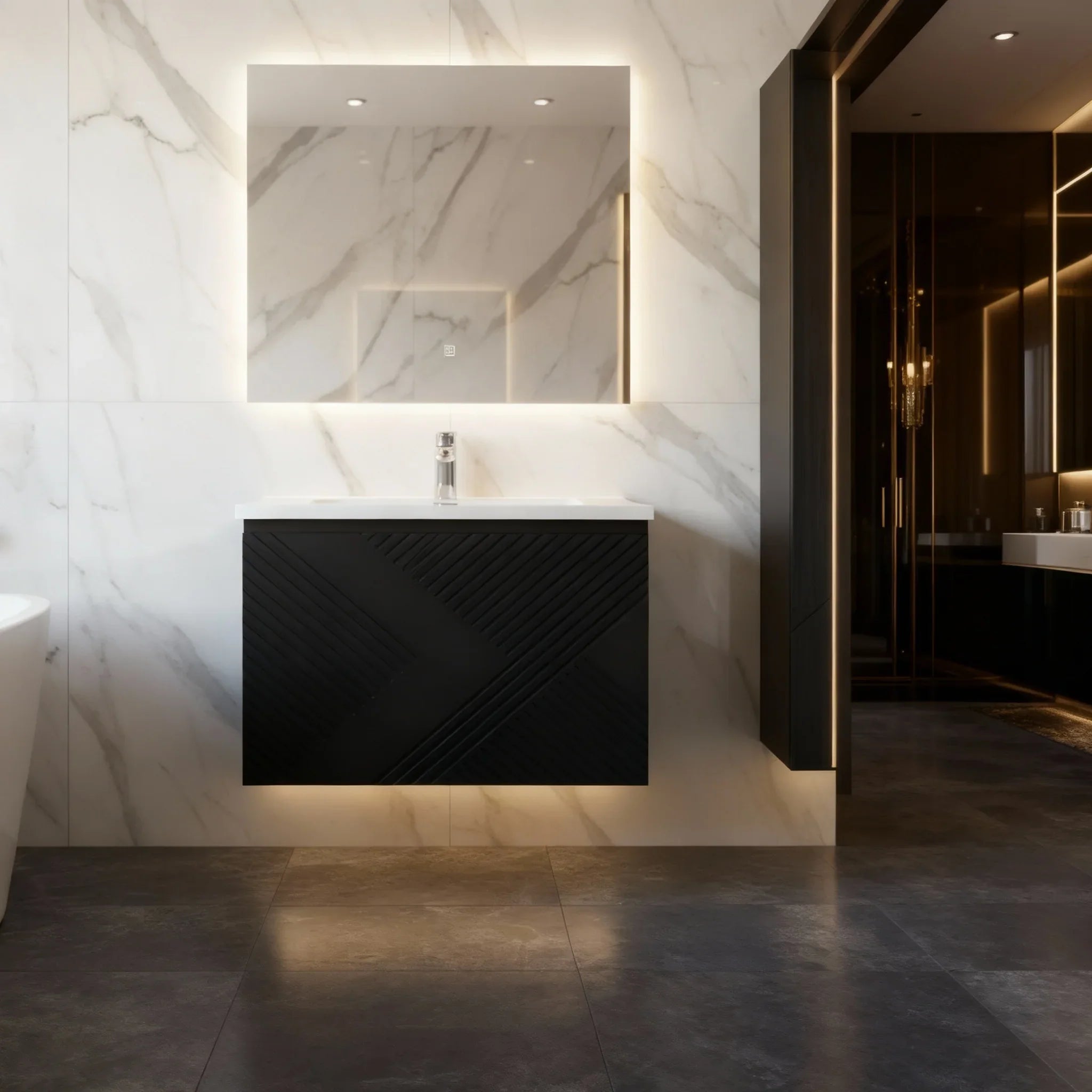 Meuble-Lavabo Mural 36po Noir avec Comptoir en Polymarbre Blanc