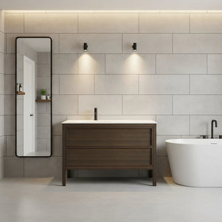 Meuble-Lavabo Autoportant 48po Chêne Fumé avec Comptoir de Surface Solide Blanc