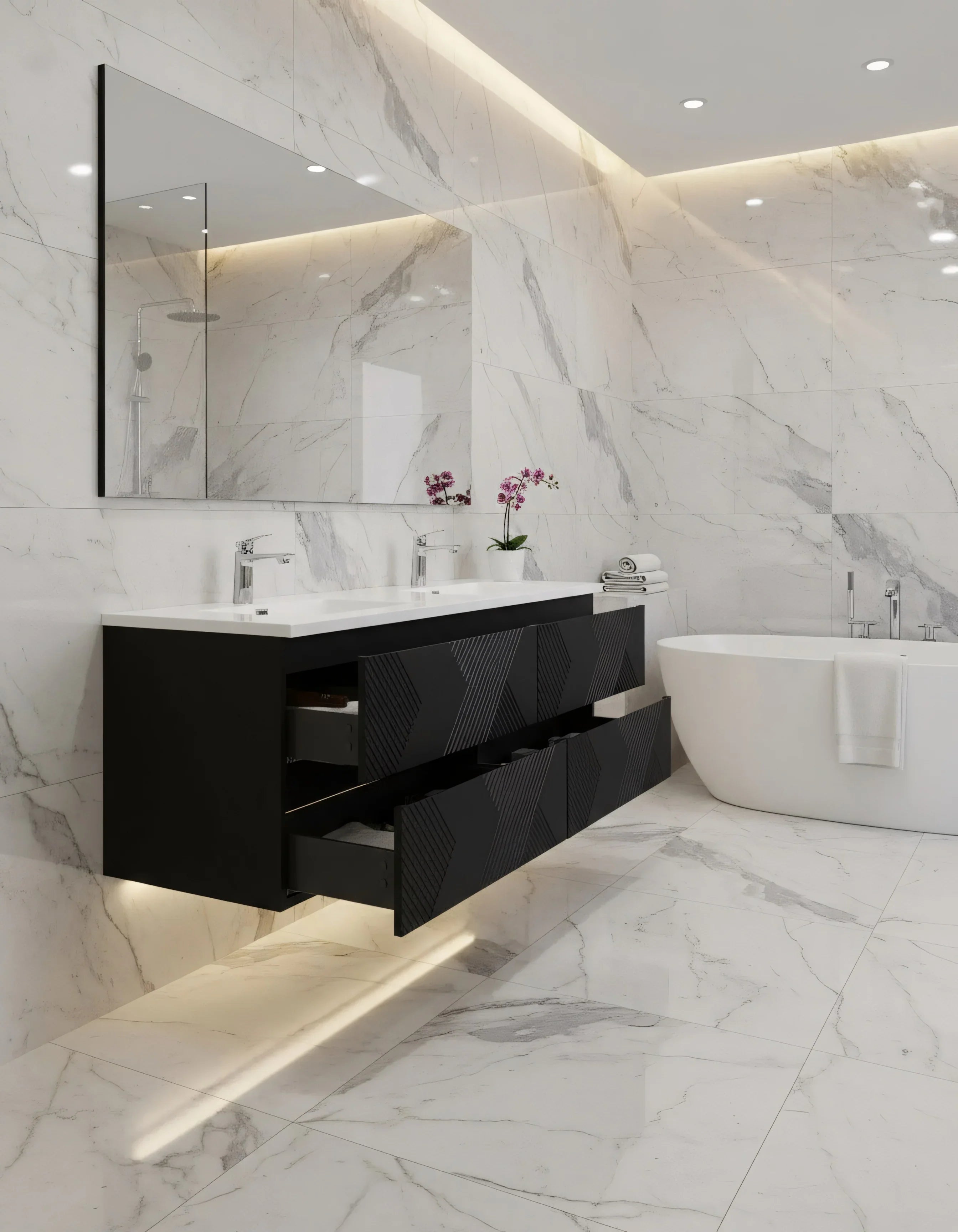 Meuble-lavabo double noir de 72" à fixer au mur avec Comptoir en polymarbre blanc