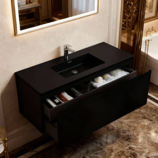 48" Black Wall Mount Bathroom Vanity with Black Engineered Quartz Countertop