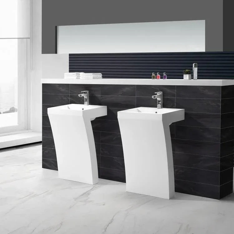 23" White Freestanding Pedestal Basin in Polymarble 7 Shape Collection - Golden Elite Deco