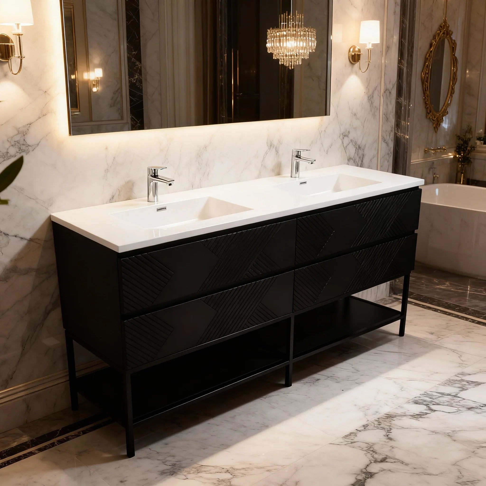 Meuble-lavabo double noir de 72" à fixer au mur avec Comptoir en polymarbre blanc