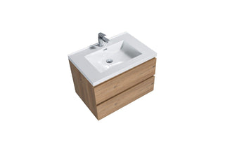 30" Rough Oak Wall Mount Bathroom Vanity with White Polymarble Countertop - Golden Elite Deco