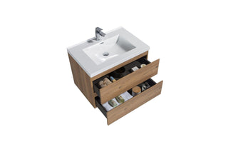 30" Rough Oak Wall Mount Bathroom Vanity with White Polymarble Countertop - Golden Elite Deco