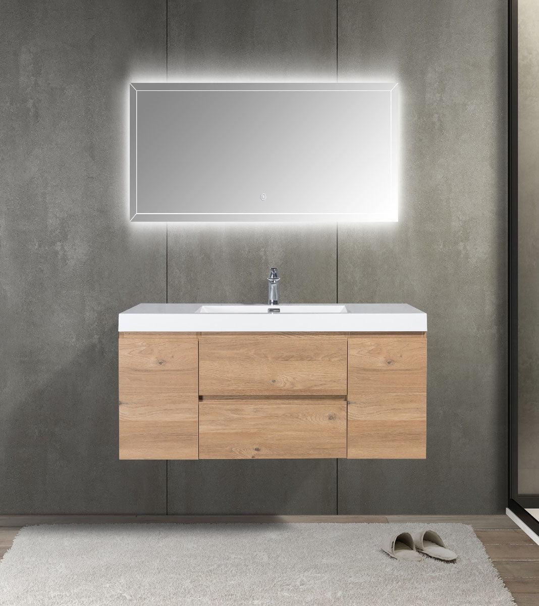 48" Rough Oak Wall Mount Single Sink Bathroom Vanity with White Polymarble Countertop - Golden Elite Deco