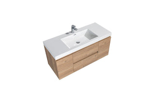 48" Rough Oak Wall Mount Single Sink Bathroom Vanity with White Polymarble Countertop - Golden Elite Deco