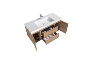 48" Rough Oak Wall Mount Single Sink Bathroom Vanity with White Polymarble Countertop - Golden Elite Deco