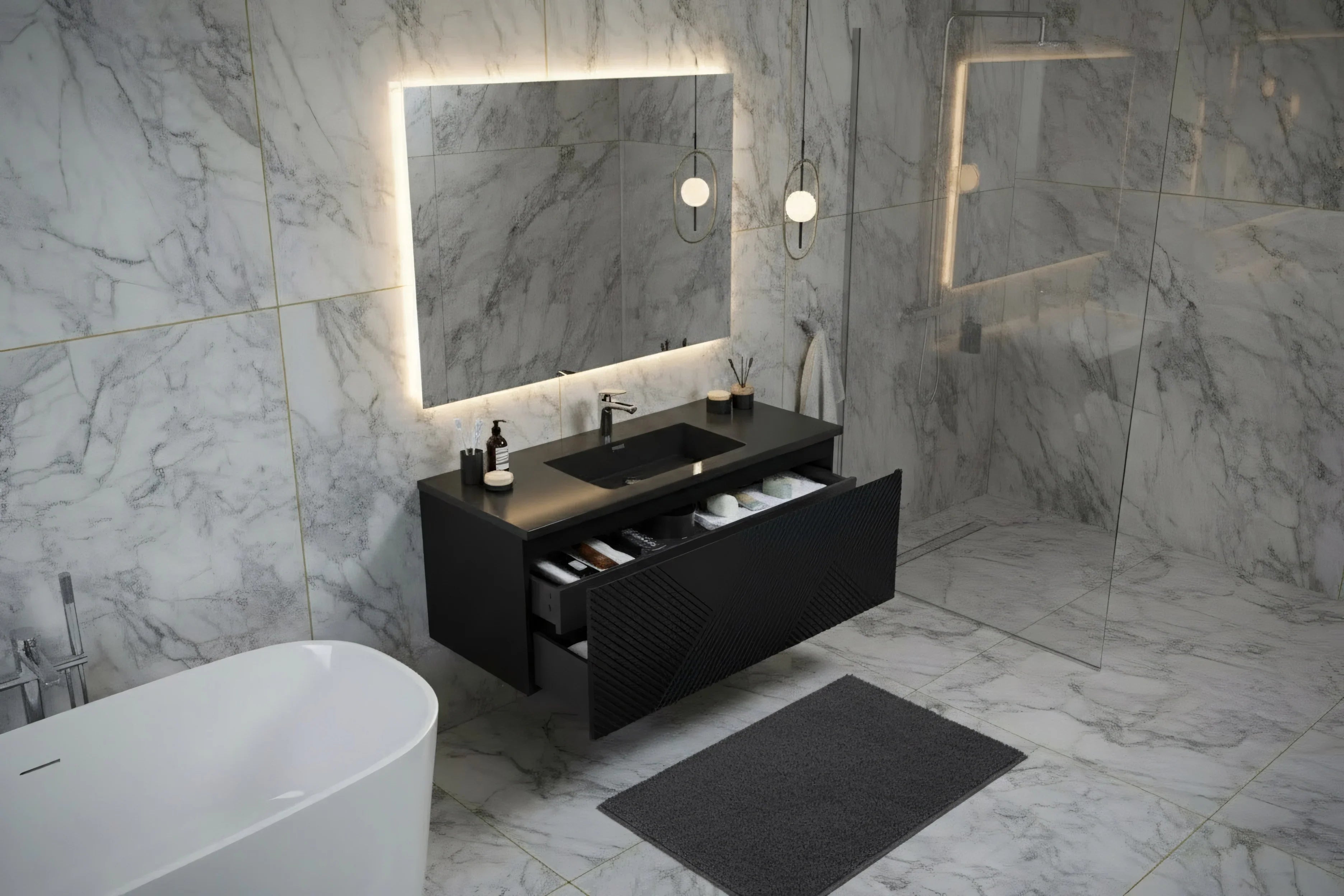 Meuble-Lavabo Mural 48po Noir avec Comptoir de Quartz d'ingénierie Noir