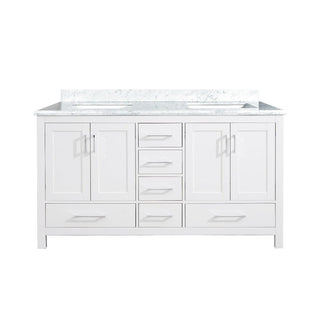 60" White Freestanding Double Sink Bathroom Vanity with Carrera Marble Countertop - Golden Elite Deco