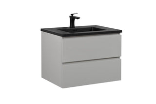 28" Grey Wall Mount Single Sink Bathroom Vanity with Black Engineered Quartz Countertop - Golden Elite Deco