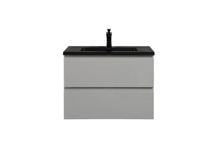 28" Grey Wall Mount Single Sink Bathroom Vanity with Black Engineered Quartz Countertop - Golden Elite Deco