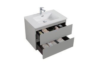 28" Grey Wall Mount Single Sink Bathroom Vanity with White Polymarble Countertop - Golden Elite Deco