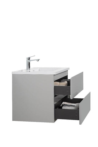 28" Grey Wall Mount Single Sink Bathroom Vanity with White Polymarble Countertop - Golden Elite Deco