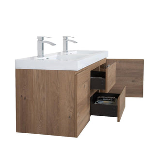 60" Rough Oak Wall Mount Double Sink Bathroom Vanity with White Polymarble Countertop - Golden Elite Deco