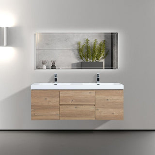 60" Rough Oak Wall Mount Double Sink Bathroom Vanity with White Polymarble Countertop - Golden Elite Deco