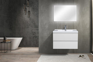 30" Glossy White Wall Mount Bathroom Vanity with White Polymarble Countertop - Golden Elite Deco