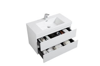 36" Glossy White Wall Mount Bathroom Vanity with White Polymarble Countertop - Golden Elite Deco